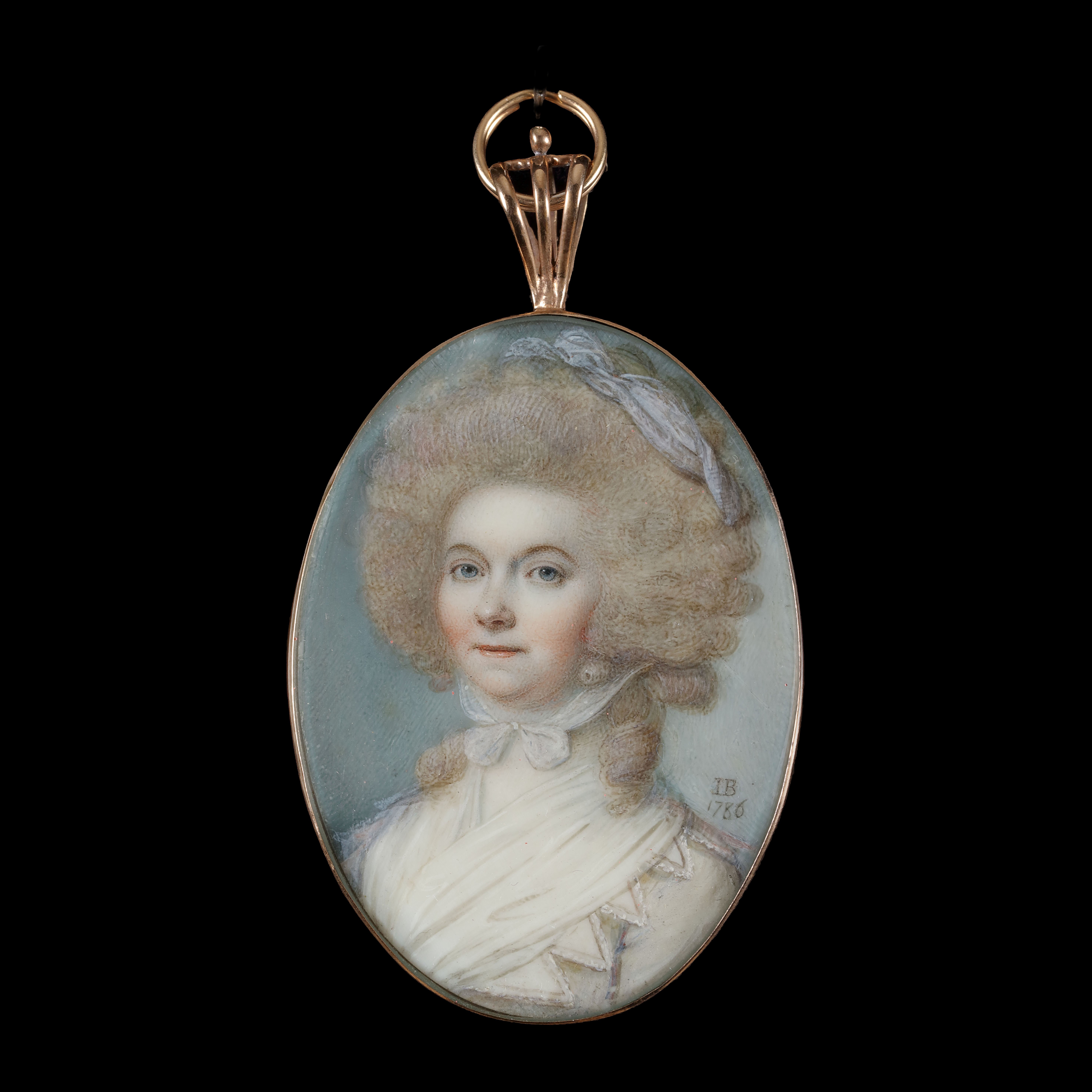 Portrait miniature of a Lady, wearing a white dress with lace-trimmed fichu, a lilac spotted kerchief in her powdered hair and tied under her chin